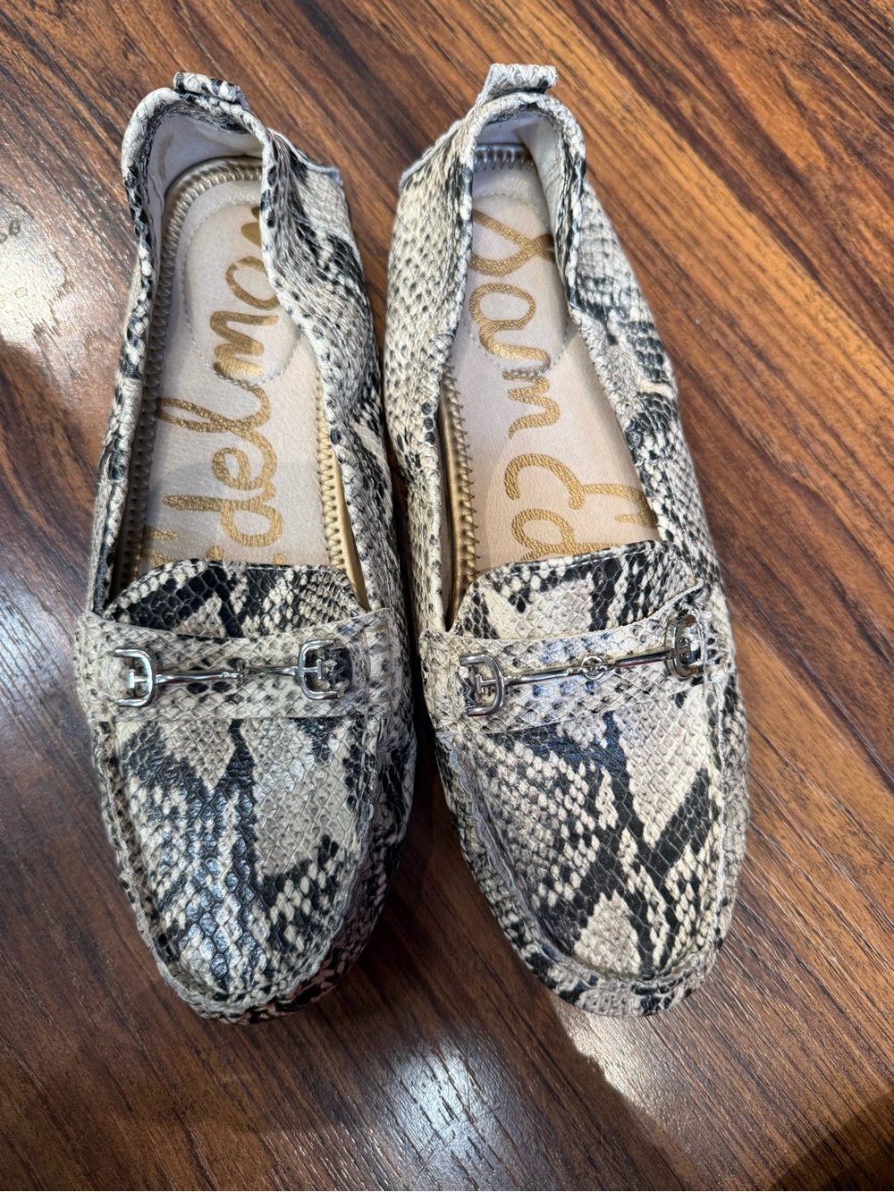 Sam Edelman Snake-Print Slip-On Loafers in Taupe and Black